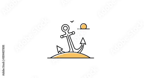 Simple line drawing of an anchor on a small island with a sun and bird in the background.