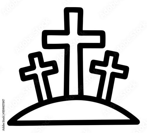 Three crosses on Calvary hill linear icon symbolizing the crucifixion of Jesus Christ for Good Friday and Easter design