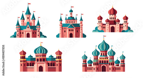 Collection of five cartoon castles and palaces with colorful domes and towers.