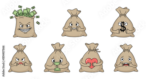 Collection of cartoon money bags with various facial expressions and emotions, including anger, fear, sadness, and love.