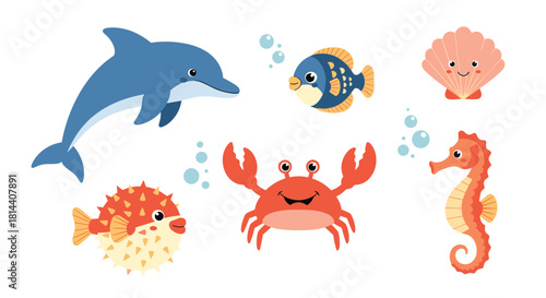 Cute cartoon underwater sea creatures including a dolphin, crab, seahorse, and fish.