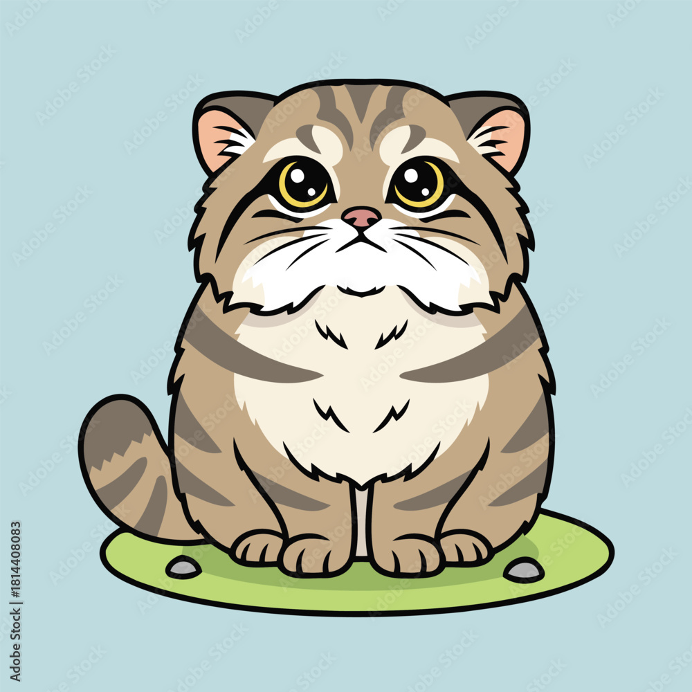 Obraz premium Cute Pallas’s Cat Sitting on Grass Fluffy Wild Cat Character Vector Illustration