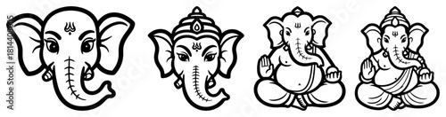 Set of hand drawn Lord Ganesha vector icons featuring elephant head and seated posture of Hindu god Ganpati for religious design in outline style