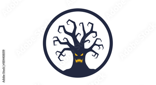 Creepy dark tree with glowing yellow eyes and jagged teeth in a circle.