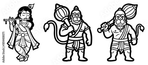 Lord Krishna playing flute and Lord Hanuman holding mace Vector black and white character illustration of Hindu deities from Indian mythology