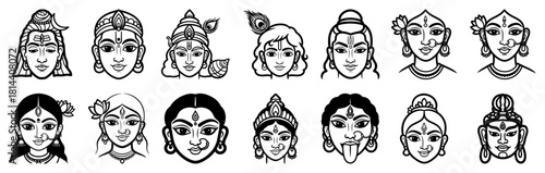 Collection of Hindu gods and goddesses vector faces including Shiva Krishna Kali and Durga avatars in traditional hand drawn line art style