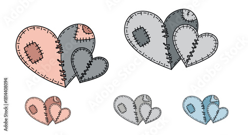 Collection of stitched, patched heart symbols in various color palettes representing love and repair.