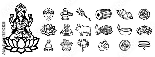 Goddess Lakshmi sitting on lotus with various Hindu religious symbols Vector black and white outline illustration set including Shiva Lingam and Om sign
