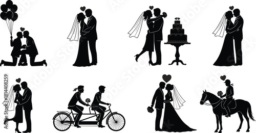 Wedding Couple Silhouette Vector Icon Set, Featuring Bride and Groom Kissing, Proposal, Cake, Tandem Bicycle Ride, Horse Riding, and Various Romantic Marital Moments.