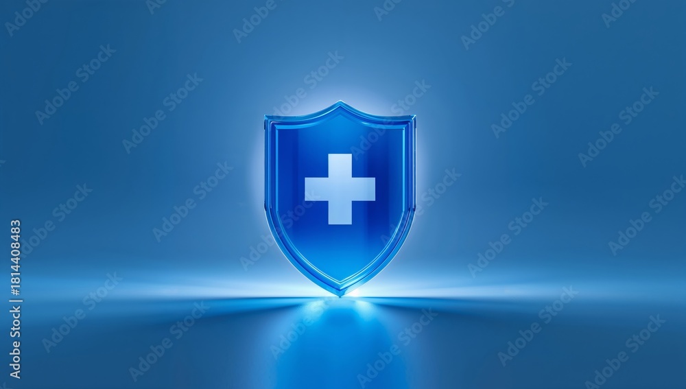 Fototapeta premium Shield With a Medical Cross Symbol Glowing on a Dark Background for Health and Safety Representation