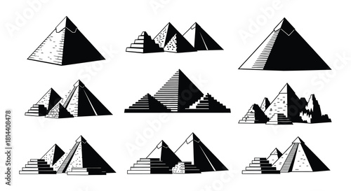 A collection of stylized black and white pyramid illustrations arranged in a grid