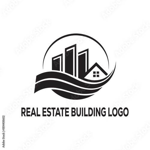 Modern Real Estate Building Logo with City Skyline and House Icon for Property Business
