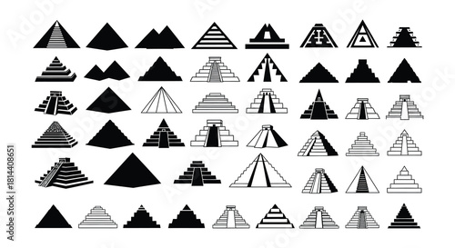 A collection of stylized black and white pyramid illustrations arranged in a grid
