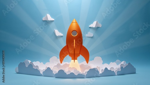 Colorful Rocket Launching Into the Sky Above Clouds in a Vibrant Setting