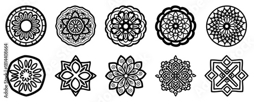 Floral mandala and rangoli ornament icons set line art vector illustration