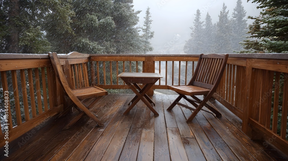 Fototapeta premium Empty wooden deck in falling snow overlooking a misty winter forest with pine trees