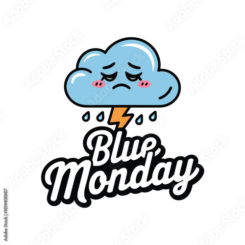 Blue Monday Sad Cloud Illustration with Lightning and Raindrops