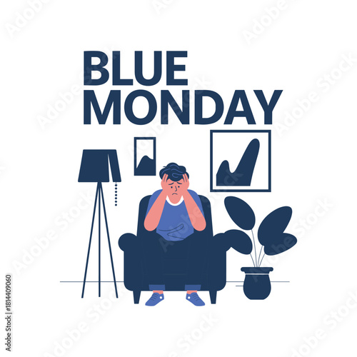 Blue Monday Illustration with Sad Man Sitting on Chair – Stress, Depression, and Low Mood Concept