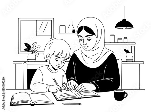 muslim mother helping child with homework at home line art vector