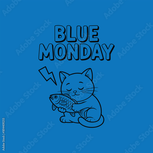 Cute Blue Monday Cat Illustration Holding Fish – Sad Cartoon Mood Concept