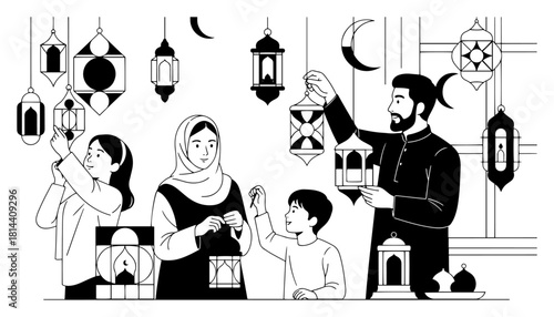 muslim family decorating home with lanterns for ramadan line art vector