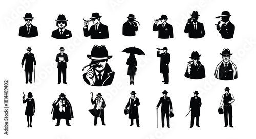 Vintage silhouettes of formally dressed people mostly men with hats
