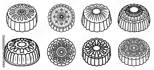 Set of traditional Chinese mooncakes with floral patterns for Mid Autumn Festival celebration vector illustration