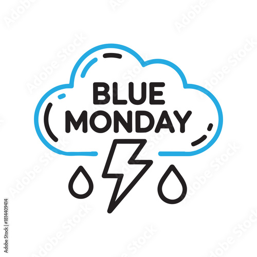 Blue Monday cloud icon with lightning and raindrops illustration