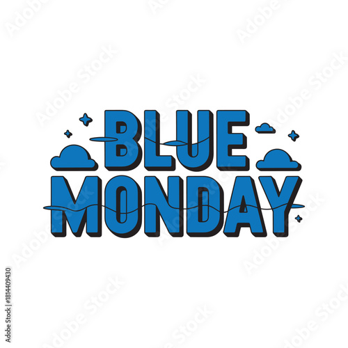 Blue Monday Text Design with Clouds on White Background
