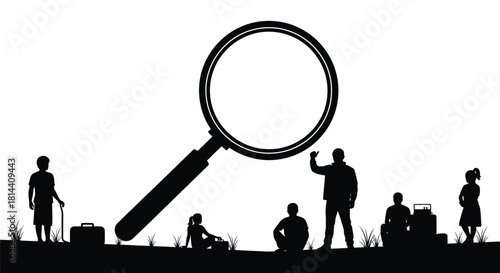 Silhouette figures with magnifying glasses investigating searching and exploring mysteries