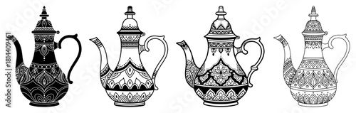 Collection of ornate vintage teapot and arabic coffee pot vector sketches with floral engraving