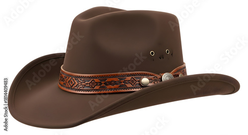 A close-up, eye-level shot of a brown cowboy hat with a brown leather band featuring an intricate geometric pattern, set against a transparent  background.
