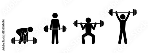 Stickman Weightlifting Exercise Vector Set – Barbell Training and Fitness Icons.