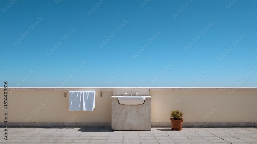 Fototapeta premium A minimalist outdoor sink and towel rack on a sun drenched balcony against a vast clear blue sky