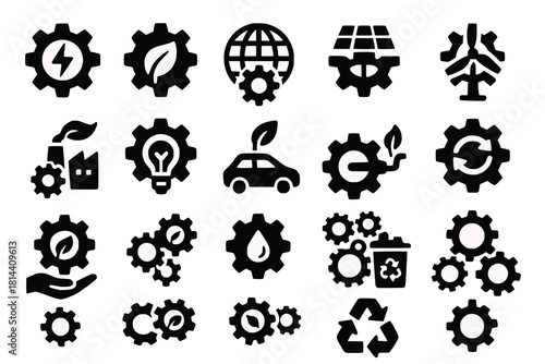 Gear Icons in Environmental and Sustainable Contexts with Green Energy Eco Machinery Low Emission Engines and Recycling Mechanisms in Bold Black Silhouettes on White Background
