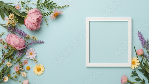 Colorful Flowers Arranged Around a Blank Frame on a Soft Blue Background for ...