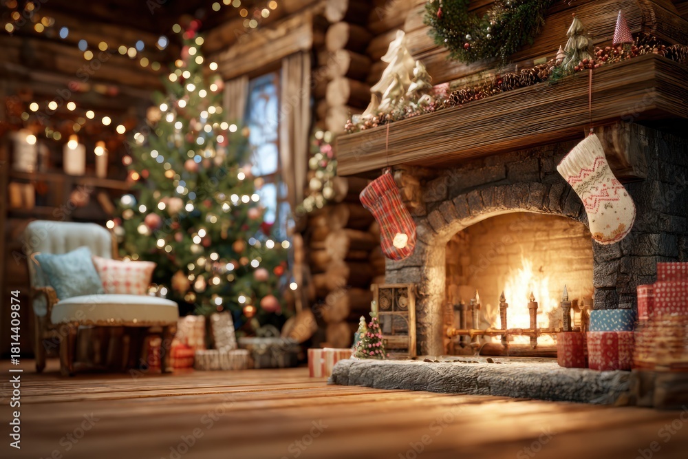 Obraz premium Cozy Fireplace Room with Christmas Tree