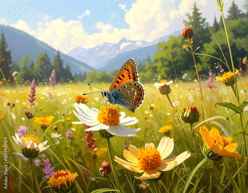Butterfly resting on a daisy in a field with wildflowers and mountain scenery