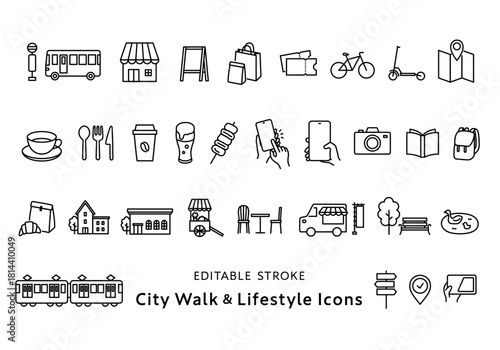 街歩き・お出かけにまつわるアイコンセット（モノクロ）