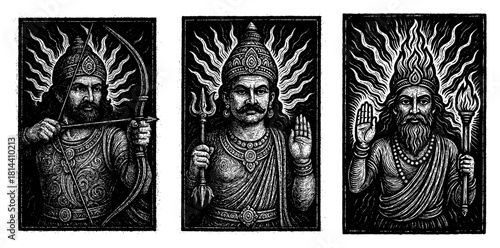 Vintage woodcut style portraits of Hindu gods Shiva Rama and Agni vector illustration