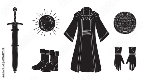 Collection of fantasy hero equipment icons in a black silhouette style, featuring a medieval sword, wizard's cloak, magic sigil, and other adventuring gear