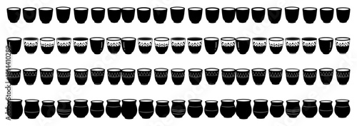Collection of Indian clay pot borders featuring traditional Kulhad cups for tea or yogurt arranged in horizontal rows for seamless design in silhouette and line art style