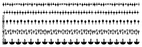 Collection of Hindu religious symbol borders featuring Swastika and Shiva Trishul arranged in seamless horizontal rows for page dividers in black and white style