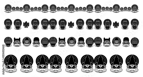 Traditional Indian Kathakali dance face borders vector illustration featuring Kerala classical dancer masks and heads arranged in decorative horizontal rows