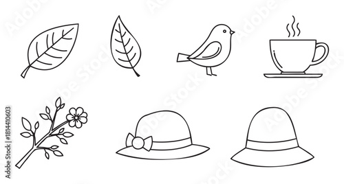 Collection of simple hand-drawn outline icons with a spring theme, featuring a bird, leaves, a flower branch, a steaming cup, and a sun hat