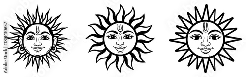 Set of stylized Sun God Surya faces with rays Vector black and white Indian celestial symbol illustration