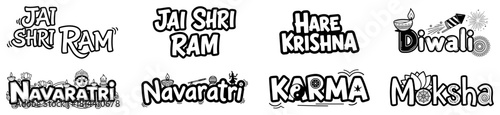 Set of Hindu religious lettering and typography designs featuring Jai Shri Ram and Diwali and Hare Krishna texts