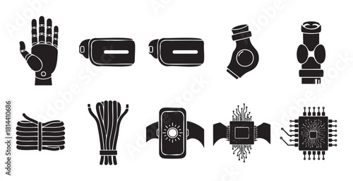 Set of black silhouette icons representing modern technology, including a robotic hand, VR headset, controllers, microchips, and cables