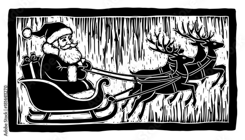 Santa Claus riding sleigh with reindeer vintage woodcut style vector illustration