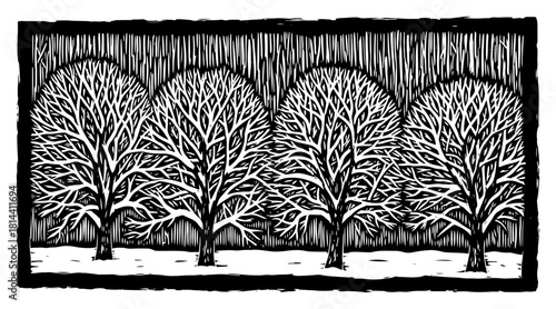 Row of leafless winter trees in snow Vector black and white linocut illustration of cold nature landscape
